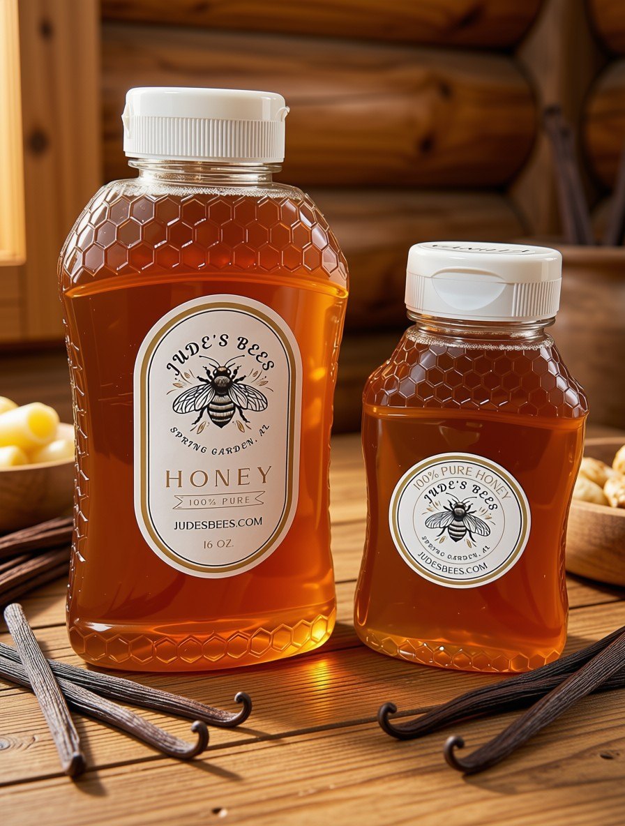 Jude's Bees vanilla honey with vanilla beans on a wooden table